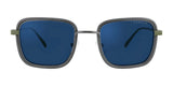 The Gunnar Fallout Vault 33 Sunglasses, size 52, feature square frames with blue lenses and a dark metal frame. Their retro-futuristic design appeals to those who love a blend of modern and classic styles against a crisp white background.