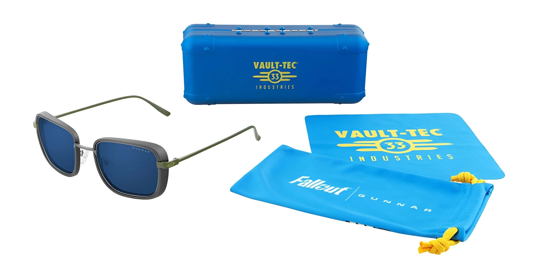 Elevate your style with Gunnar Fallout Vault 33 Sunglasses (Size 52). Featuring GUNNAR lens tech, these rectangular shades come with blue lenses housed in a "Vault-Tec Industries" case and pouch, offering eye protection and gamer flair inspired by Fallout.