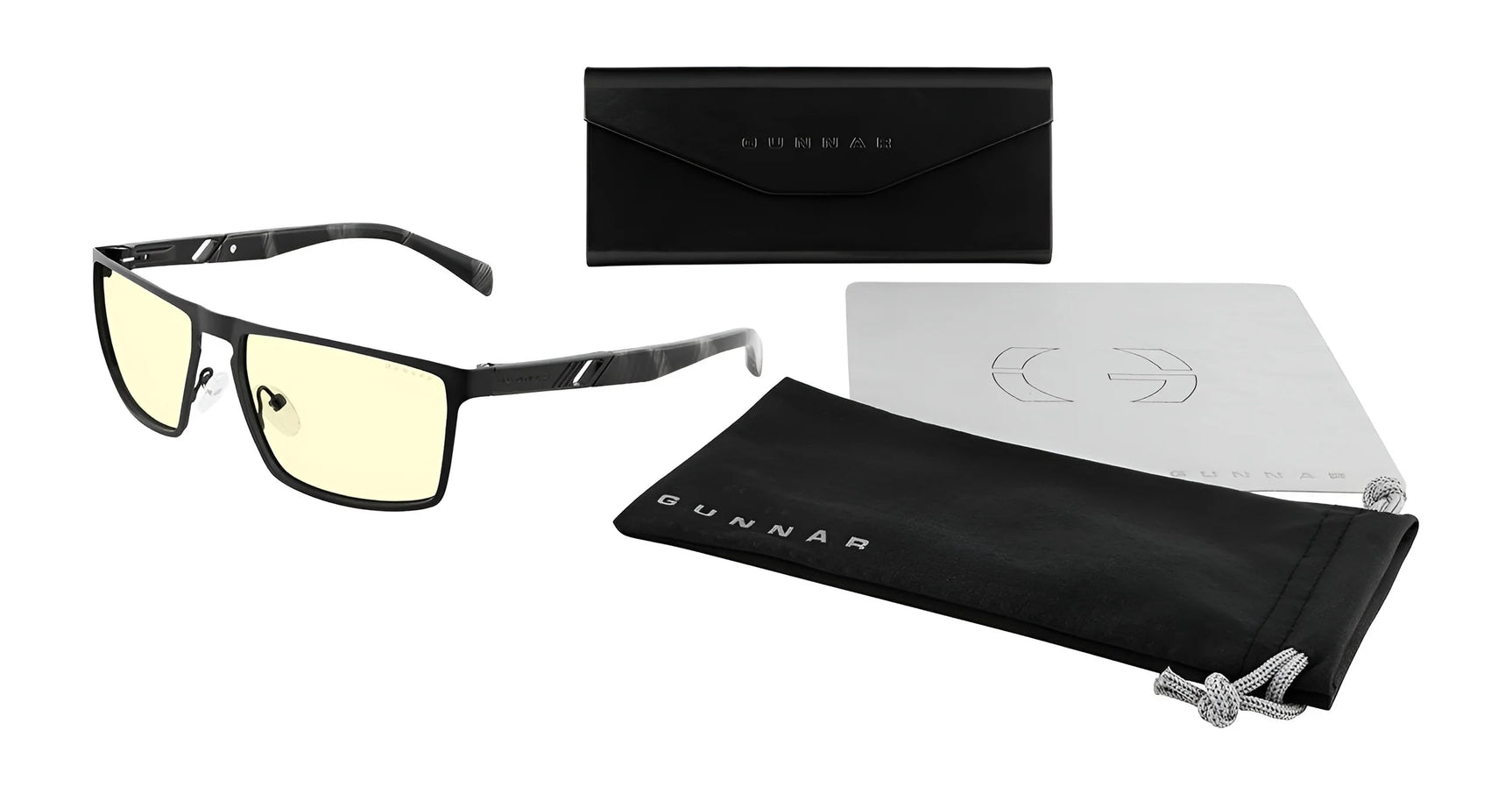 The Gunnar Fremont Computer Glasses | Size 59, expertly crafted from stainless steel and acetate, feature yellow-tinted lenses for blue light blocking. They come with a black pouch, case, and cleaning cloth on a white background.