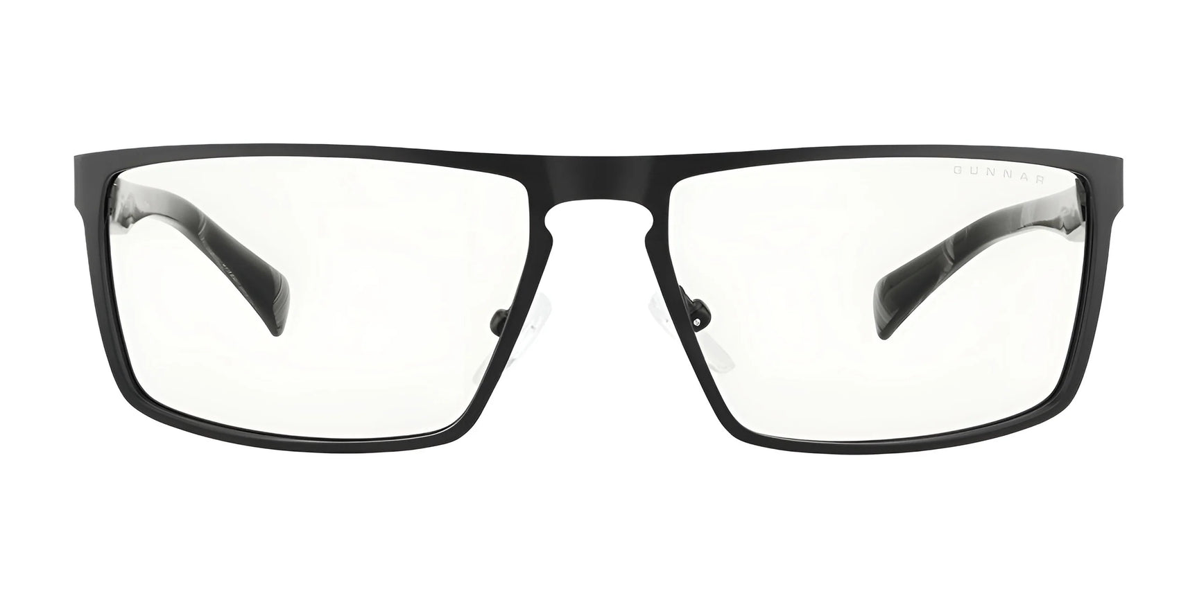 These black rectangular Gunnar Fremont Computer Glasses | Size 59 have transparent lenses and showcase a sleek design. Crafted from stainless steel and acetate, they combine durability with style, shown front view on a white background.