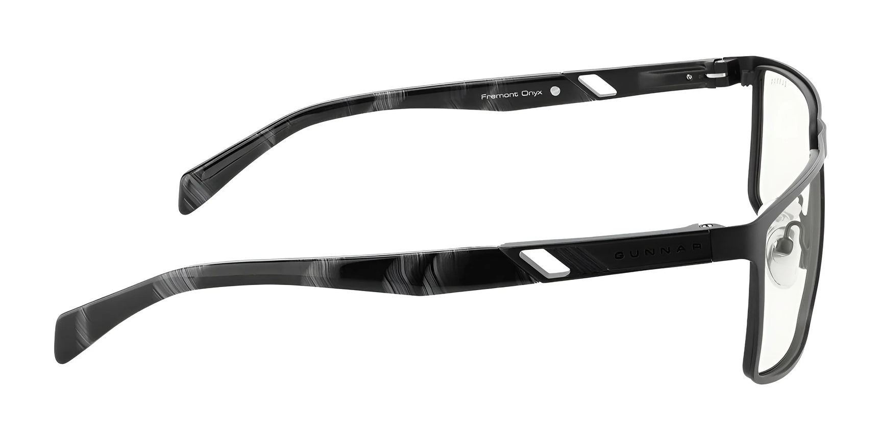 The side view displays Gunnar Fremont Computer Glasses (Size 59) with black rectangular frames and clear lenses, featuring the logo on the temple. They are crafted from a durable mix of stainless steel and acetate.
