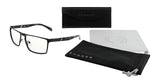 Gunnar Fremont Computer Glasses in size 59 have black-rimmed frames made of stainless steel and acetate, offering blue light blocking. They come with a case, cleaning cloth, and pouch against a white background.