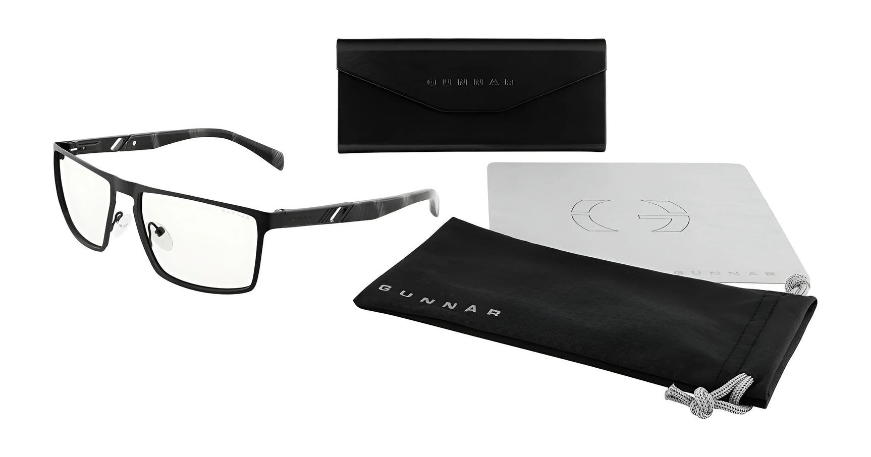 Gunnar Fremont Computer Glasses in size 59 have black-rimmed frames made of stainless steel and acetate, offering blue light blocking. They come with a case, cleaning cloth, and pouch against a white background.
