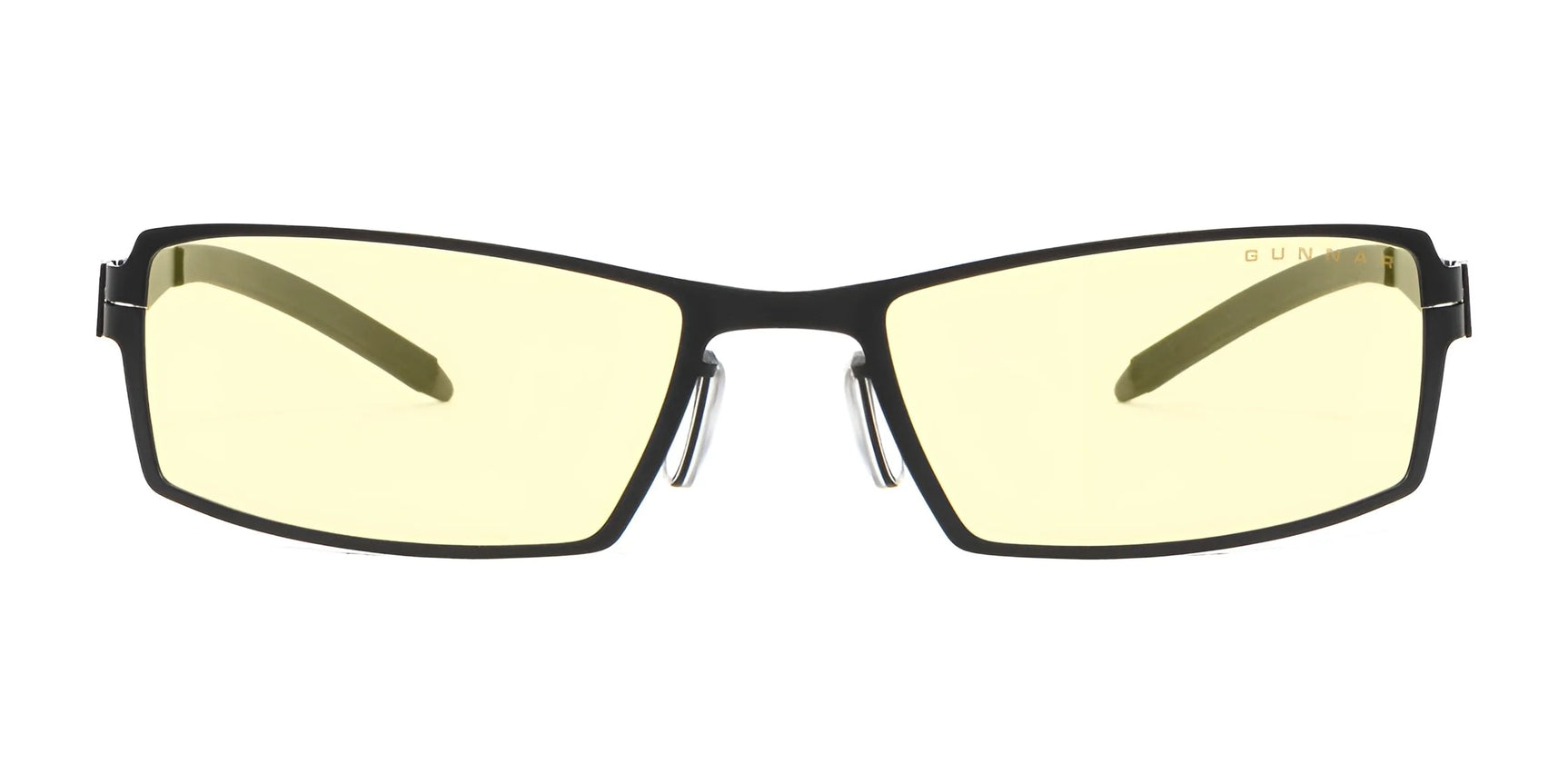 Gunnar's Sheadog Computer Glasses, featuring black frames, GUNNAR lens material, and rectangular yellow-tinted lenses for blue light blocking, are stylishly set against a white background.