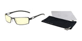 Gunnar Sheadog Computer Glasses, Size 56, feature black rims with yellow, blue light blocking lenses. They come with a black carrying pouch and cleaning cloth. Made from premium Gunnar lens material, they offer clear vision and are headset compatible for comfort.