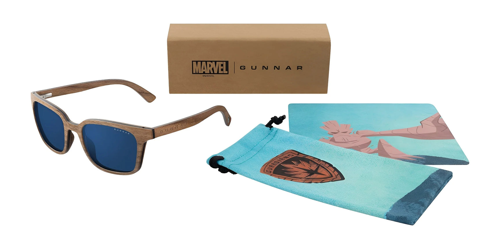 The Gunnar Groot Marvel Edition Sunglasses, size 52, feature wooden frames with blue lenses and come with a themed box, aqua pouch, and blue patterned cloth.