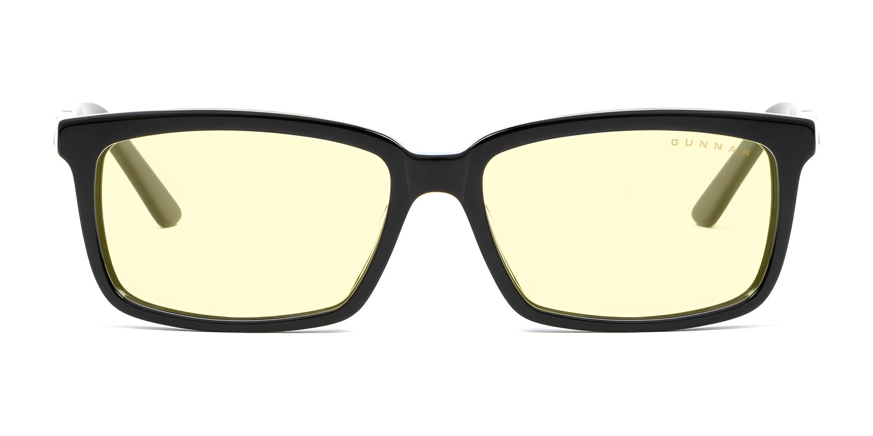 Black-rimmed square Gunnar Haus Computer Glasses by Gunnar, made from handcrafted materials with yellow-tinted and anti-reflective lenses, front view. Size 53.