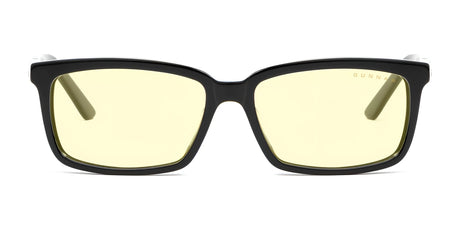 Black-rimmed square Gunnar Haus Computer Glasses by Gunnar, made from handcrafted materials with yellow-tinted and anti-reflective lenses, front view. Size 53.