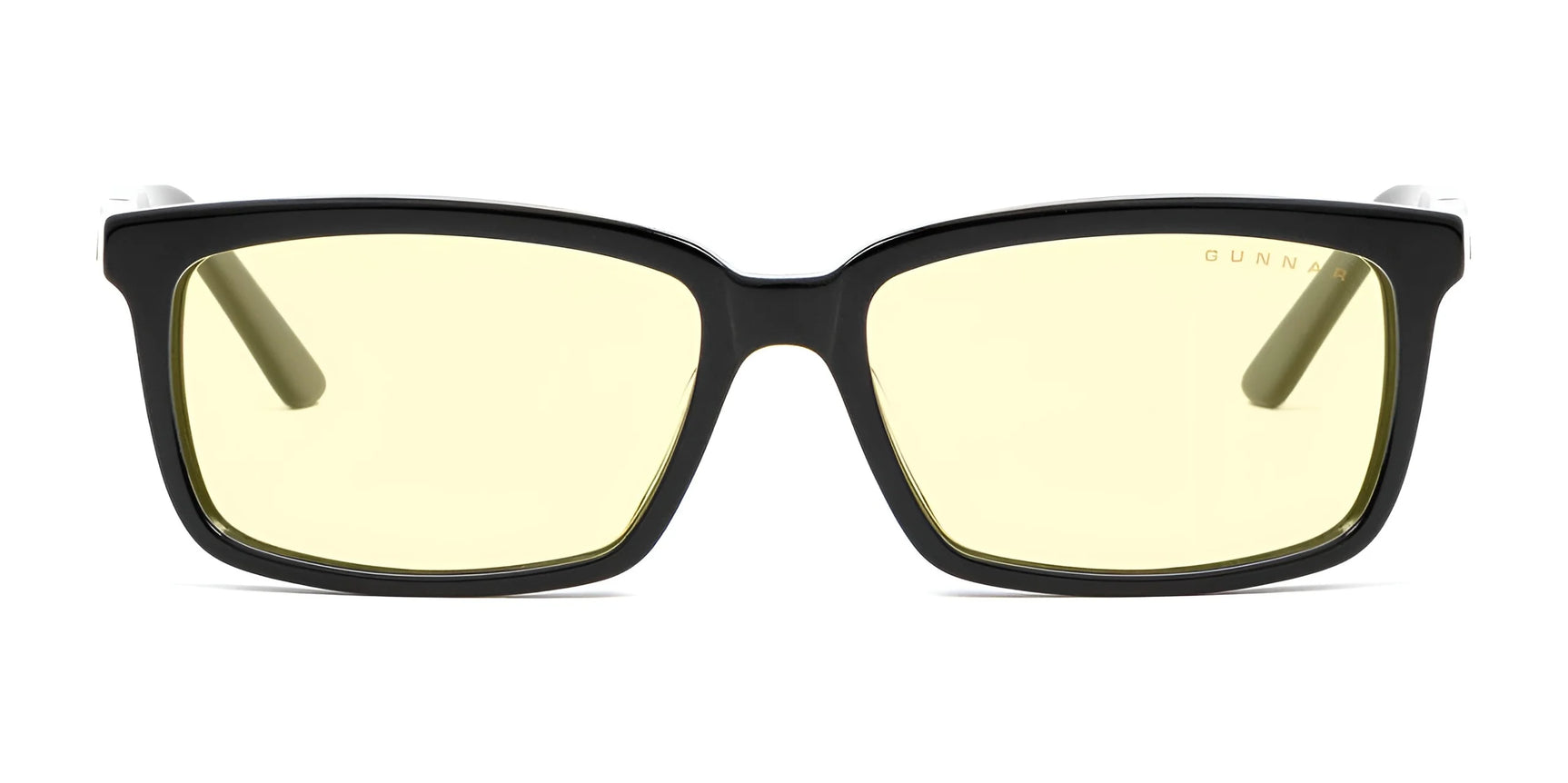 Gunnar Haus Reading Computer Glasses | Size 53 feature a stylish black rectangular frame and light yellow lenses, ideal for blue light blocking. Made from premium European hand-crafted materials, they combine style and practicality against a white background.