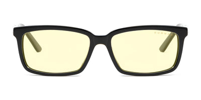 Gunnar Haus Reading Computer Glasses | Size 53 feature a stylish black rectangular frame and light yellow lenses, ideal for blue light blocking. Made from premium European hand-crafted materials, they combine style and practicality against a white background.