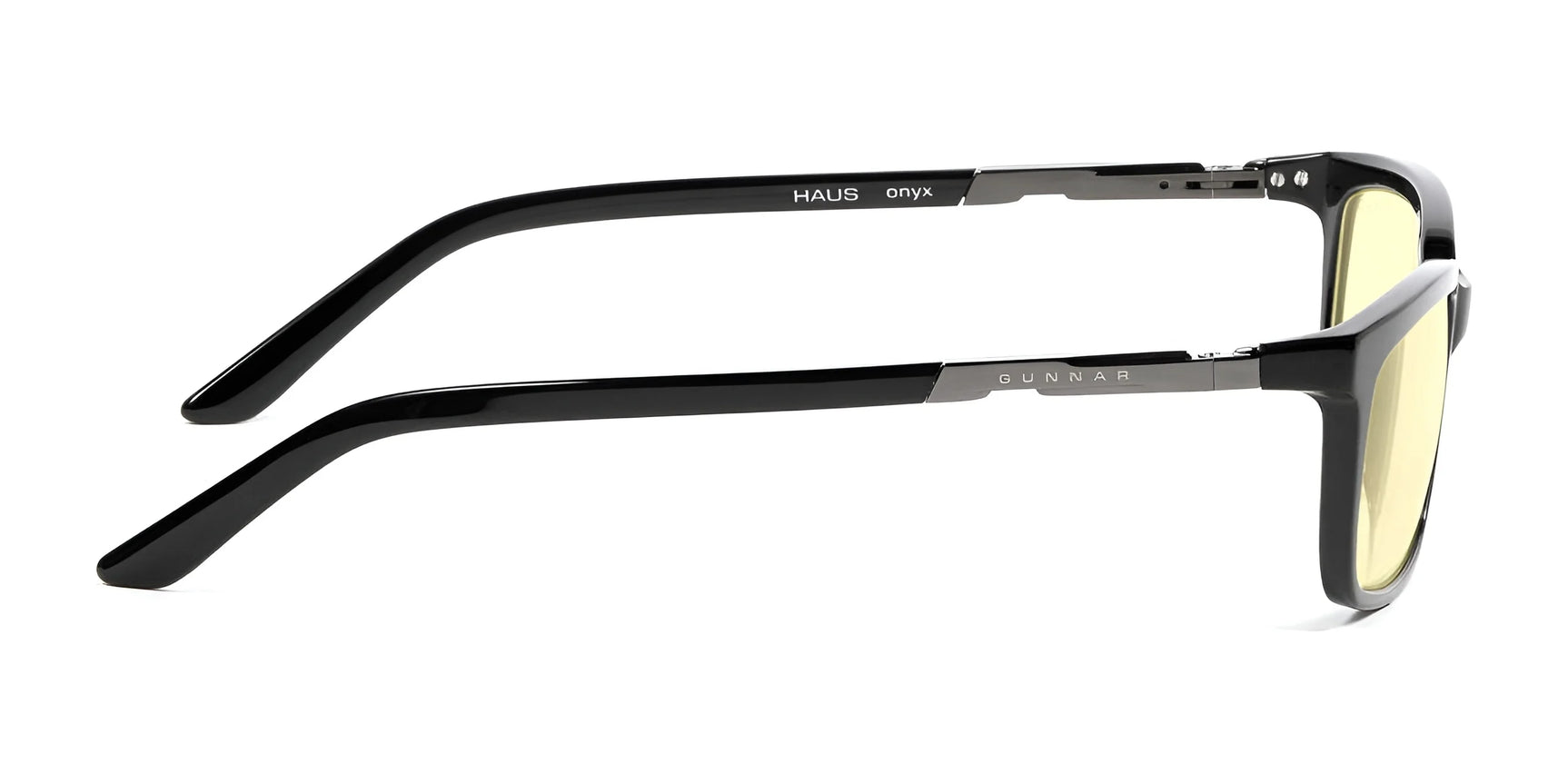 Side view of Gunnar Haus Reading Computer Glasses | Size 53 with black frames and yellow-tinted lenses, crafted from European hand-crafted materials, designed for effective blue light blocking against a pristine white background.