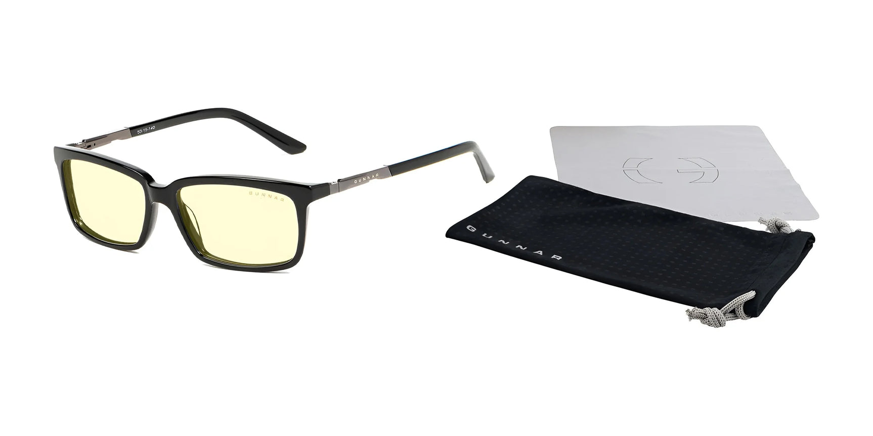 Gunnar Haus Reading Computer Glasses in size 53 feature a black frame with yellow, blue light-blocking lenses. They come with a black pouch and cleaning cloth and are crafted from European materials, elegantly displayed on a white background.
