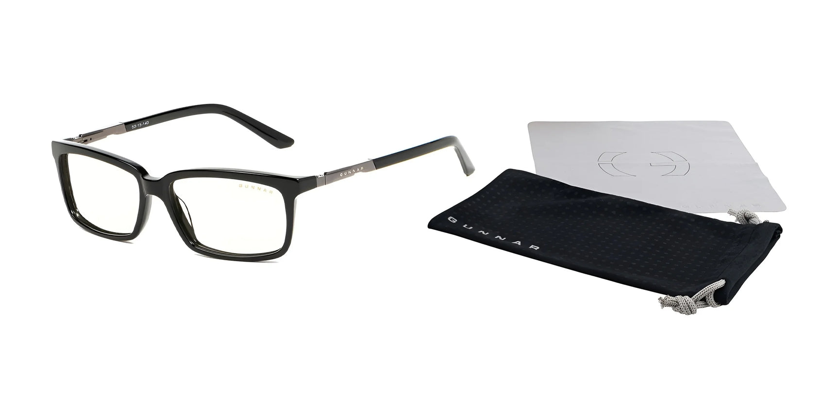 Gunnar Haus Computer Glasses in black square style with light lenses and anti-reflective coating include a sleek black pouch and a cleaning cloth.