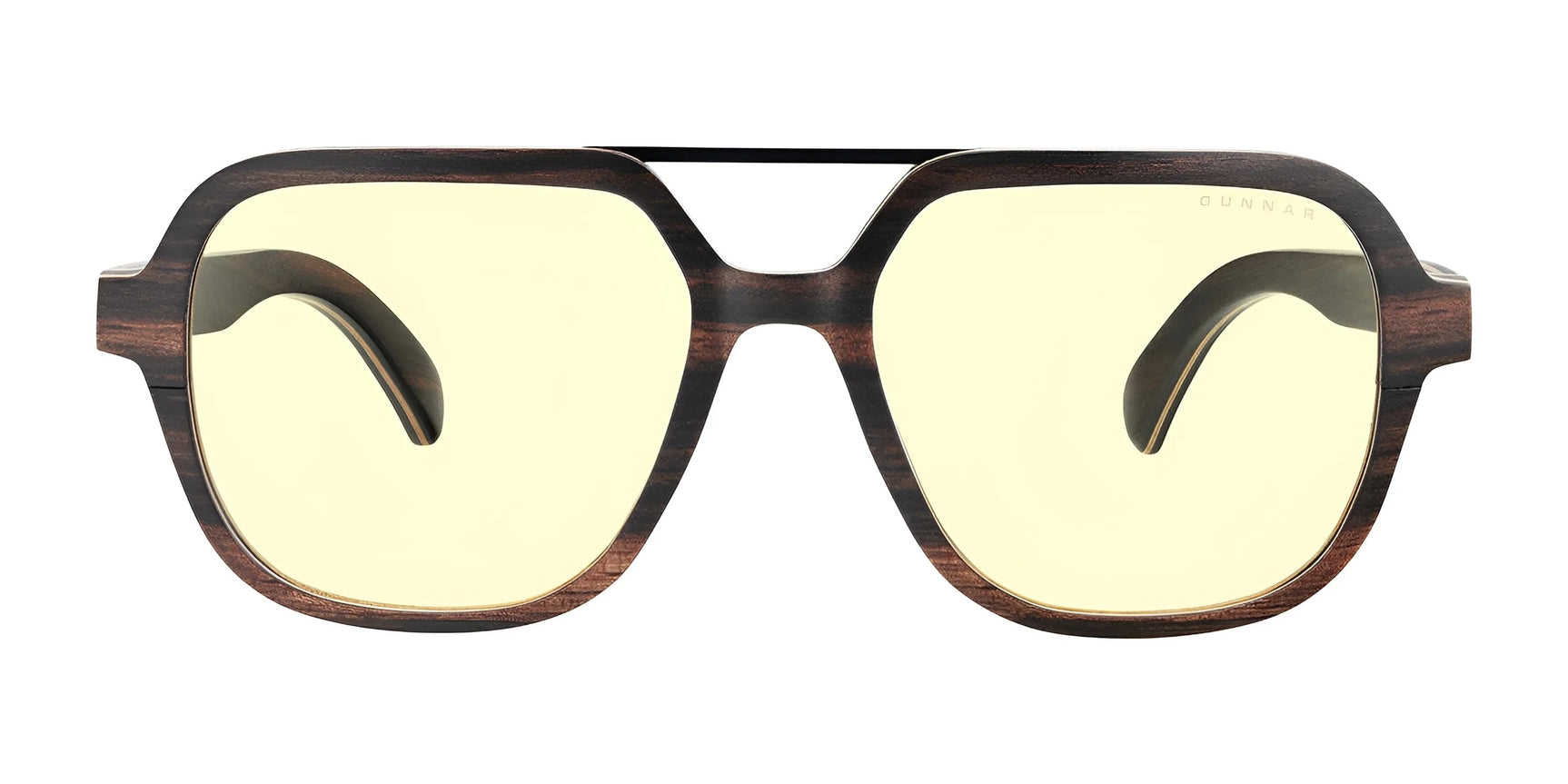 Gunnar's Humboldt Computer Glasses, size 54, showcase a front-facing view with thick brown frames and yellow-tinted lenses featuring GUNNAR lens technology.