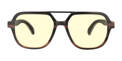 Gunnar's Humboldt Computer Glasses, size 54, showcase a front-facing view with thick brown frames and yellow-tinted lenses featuring GUNNAR lens technology.