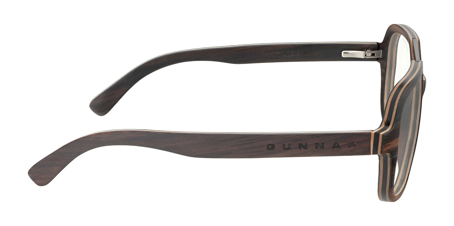 Side view of elegant aviator-style Gunnar Humboldt Computer Glasses | Size 54 made from ebony wood, featuring the "GUNNAR" brand on the arm and showcasing their renowned lens technology.