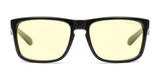 These Gunnar Intercept Computer Glasses | Size 58 feature black frames and yellow-tinted lenses for blue light protection, displayed on a white background.