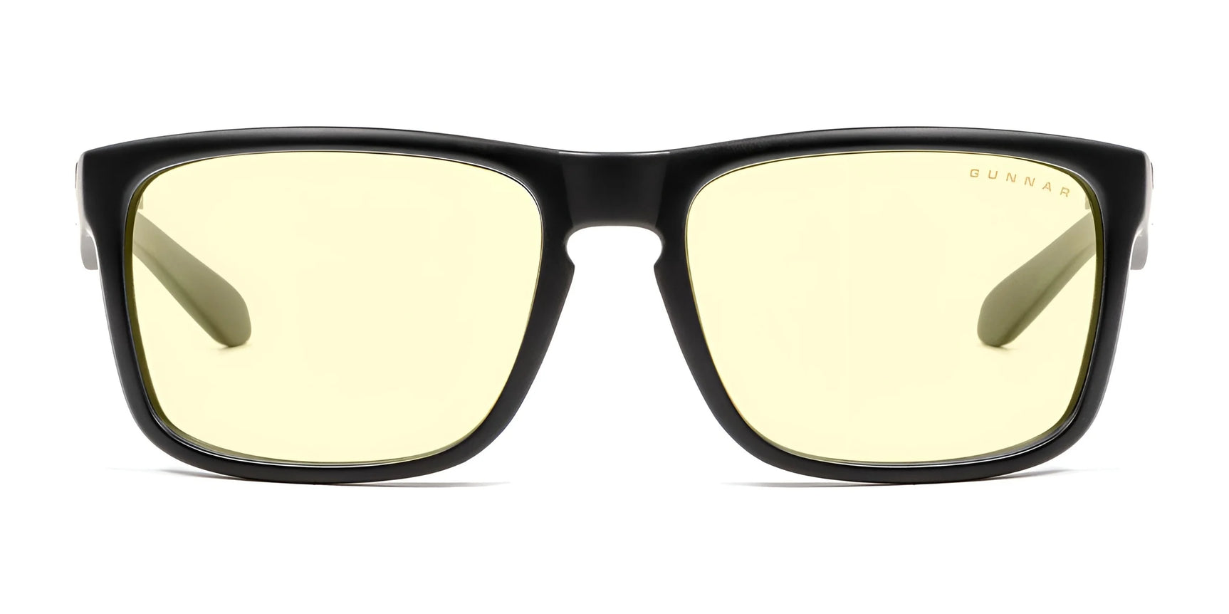 These Gunnar Intercept Computer Glasses | Size 58 feature black frames and yellow-tinted lenses for blue light protection, displayed on a white background.