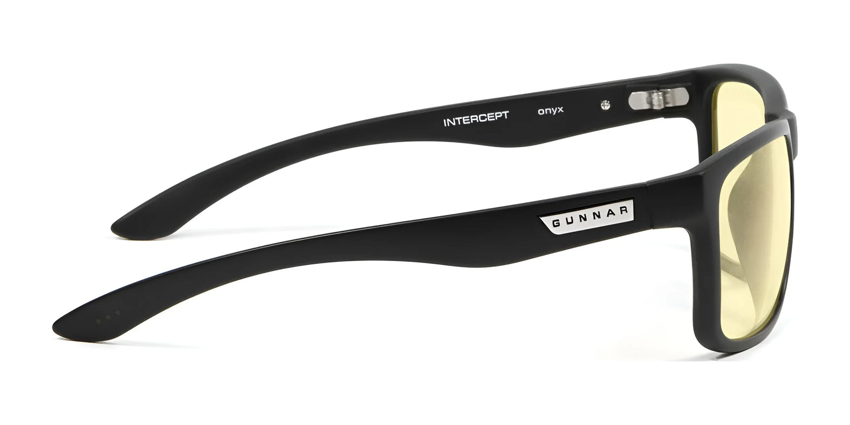 Gunnar Intercept Computer Glasses, size 58, are stylish black gaming glasses with yellow-tinted lenses that provide exceptional blue light protection. The Gunnar brand name is featured on the side, ensuring both style and functionality for avid gamers.