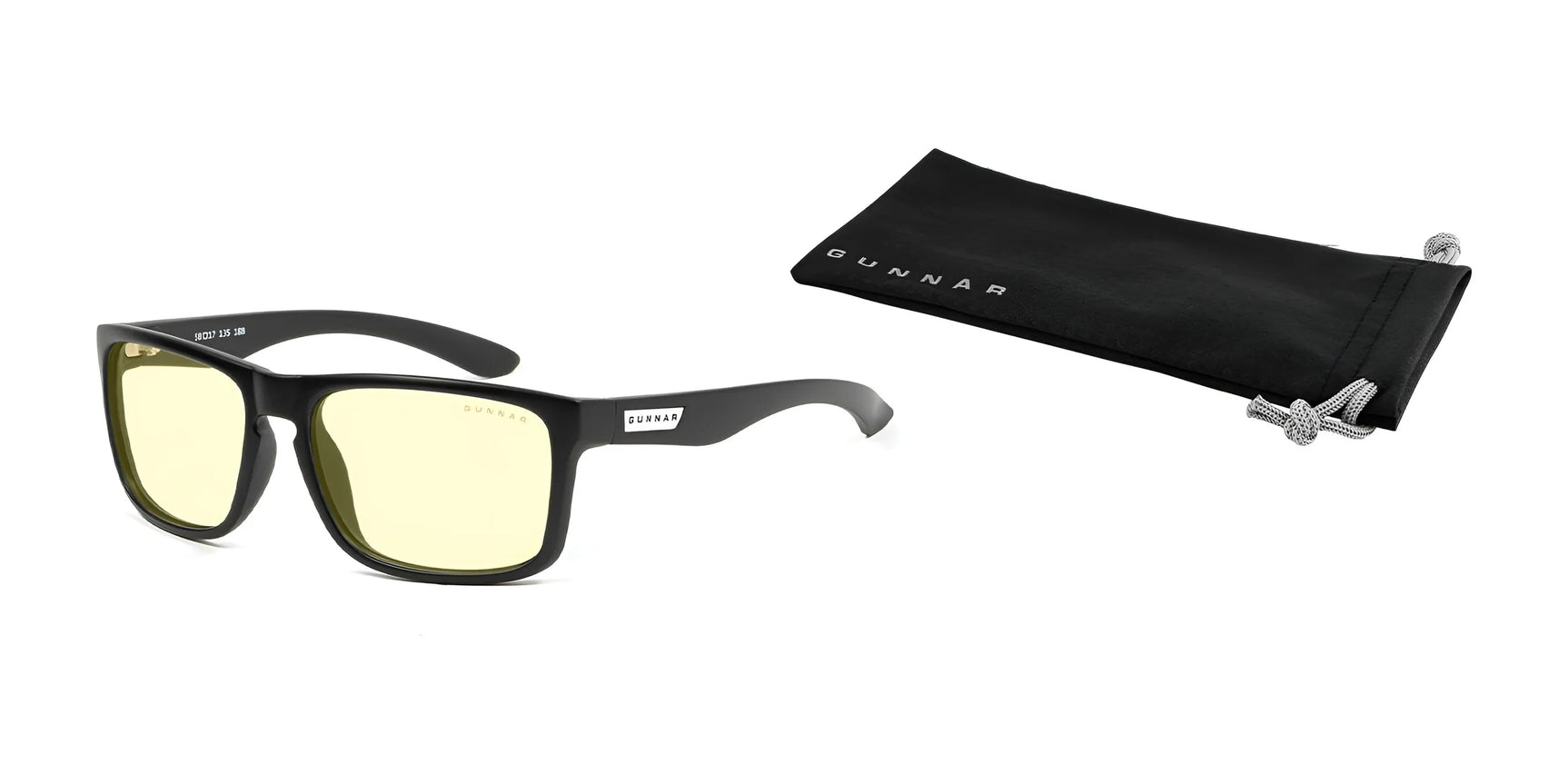 Gunnar Intercept Computer Glasses, featuring black rims and yellow lenses for blue light protection, lie stylishly next to a sleek black drawstring pouch on a pristine white background.