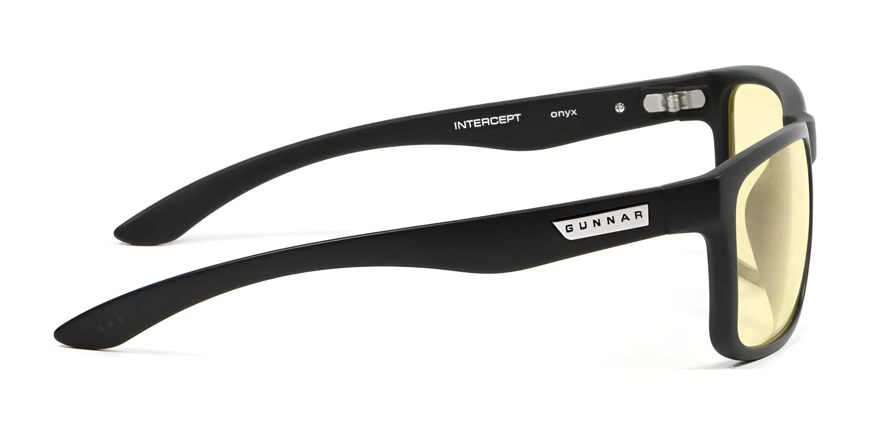 The Gunnar Intercept Reading Computer Glasses, with a durable nylon frame and yellow-tinted lenses, offer effective blue light protection. These stylish glasses seamlessly blend style and safety while featuring the "INTERCEPT" branding.