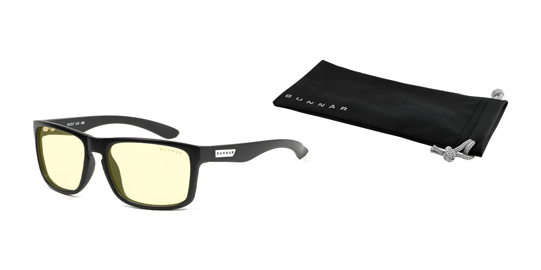 The Gunnar Intercept Reading Computer Glasses (Size 58) feature black-framed, yellow-tinted lenses in durable nylon frames. They come with a black drawstring pouch labeled "Gunnar" and offer essential blue light protection, all showcased on a sleek white background.