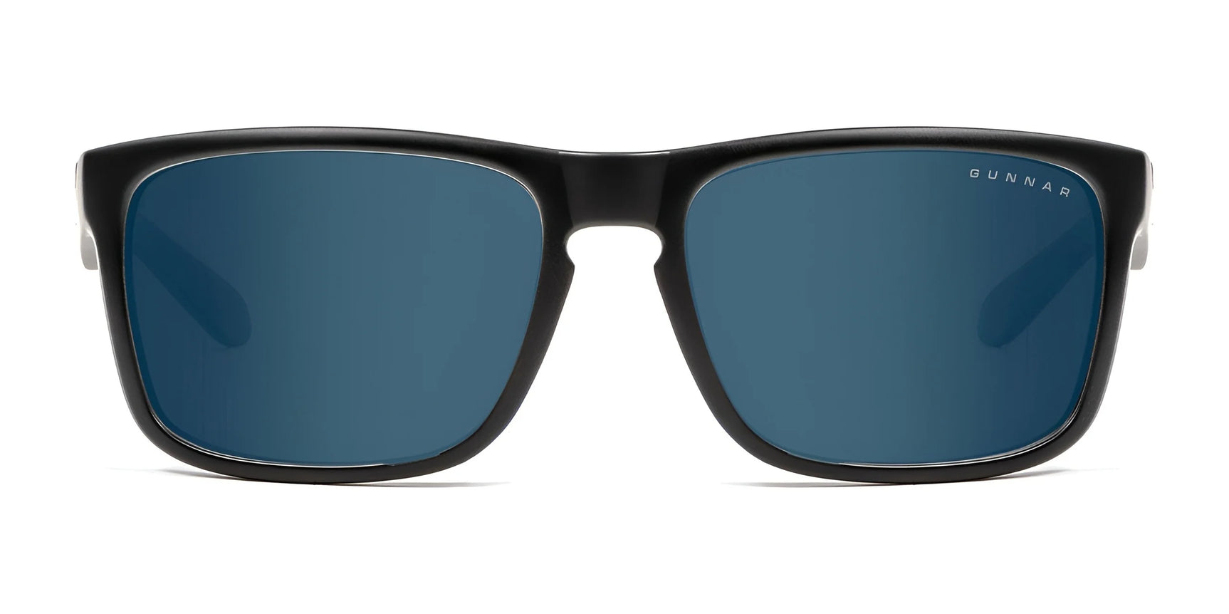 Gunnar Intercept Sunglasses in size 58 feature a black frame and blue lenses with durable nylon construction and blue light protection, set against a white background.