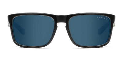Gunnar Intercept Sunglasses in size 58 feature a black frame and blue lenses with durable nylon construction and blue light protection, set against a white background.