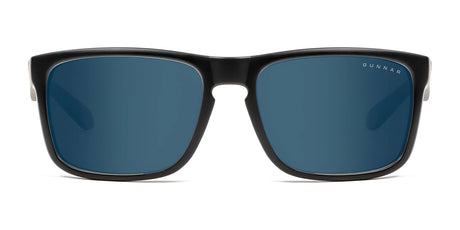 Gunnar Intercept Sunglasses in size 58 feature a black frame and blue lenses with durable nylon construction and blue light protection, set against a white background.