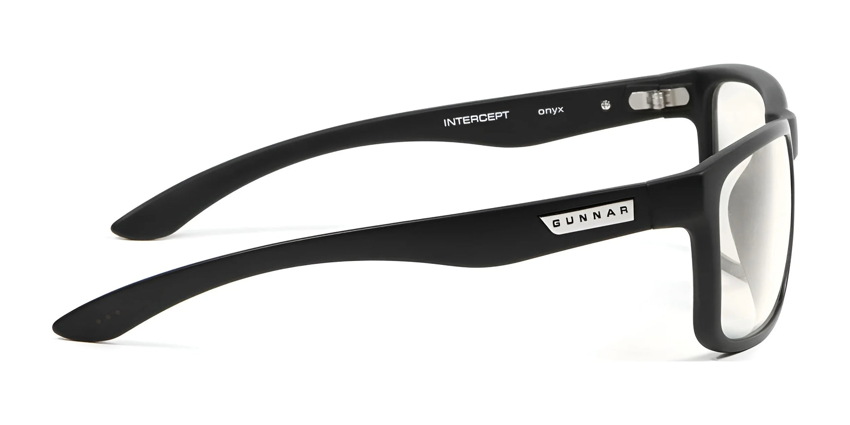 The Gunnar Intercept Computer Glasses, size 58, feature black rims with a sleek side view, the iconic logo, and clear lenses that provide blue light protection.