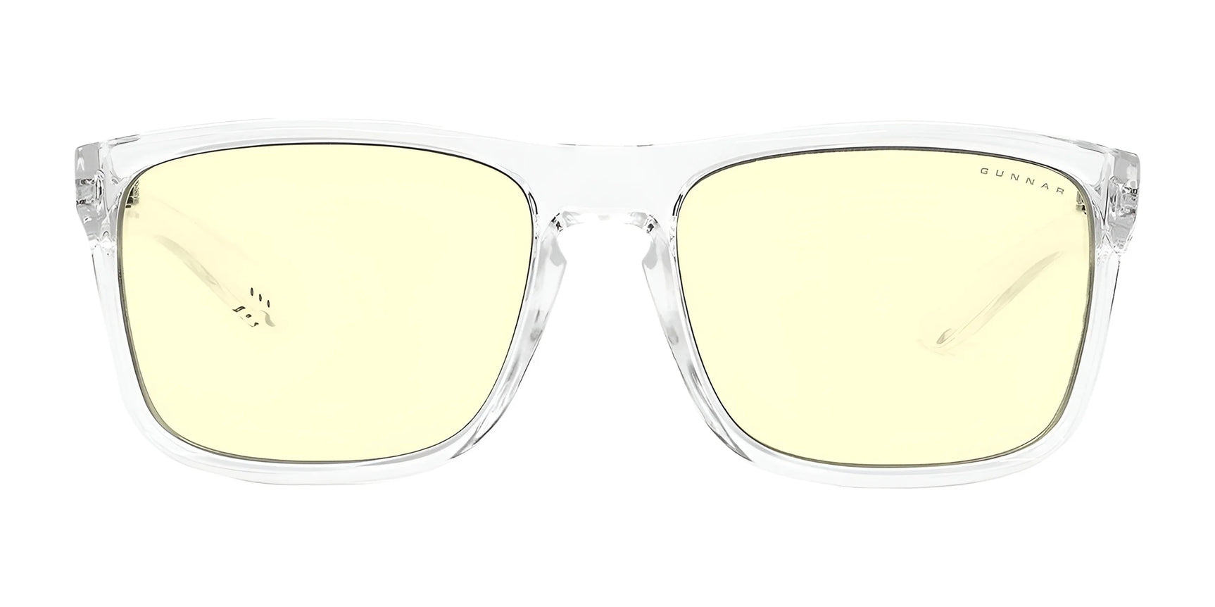 Gunnar Intercept Computer Glasses, in Size 58, provide stylish blue light protection with clear frames and yellow-tinted lenses, viewed from the front.