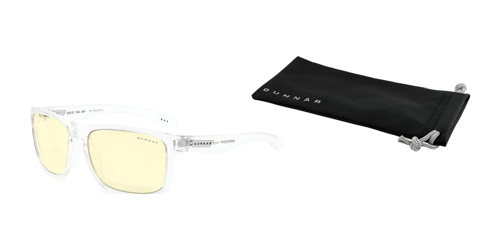 Gunnar Intercept Computer Glasses in Size 58, featuring clear frames and yellow lenses for blue light protection, come with a sleek black "GUNNAR" pouch on a white background.