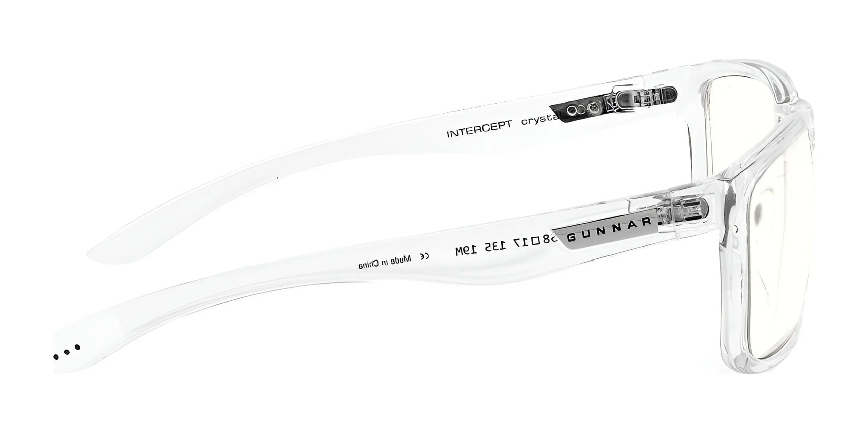 The Gunnar Intercept Computer Glasses, sized at 58 and showcasing the "Gunnar" logo on the temples, feature a clear frame design that provides blue light protection for extended screen use.