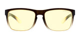 The Gunnar Intercept Computer Glasses | Size 58 feature yellow-tinted lenses and a dark brown frame for stylish and effective blue light protection, elegantly displayed on a white background.