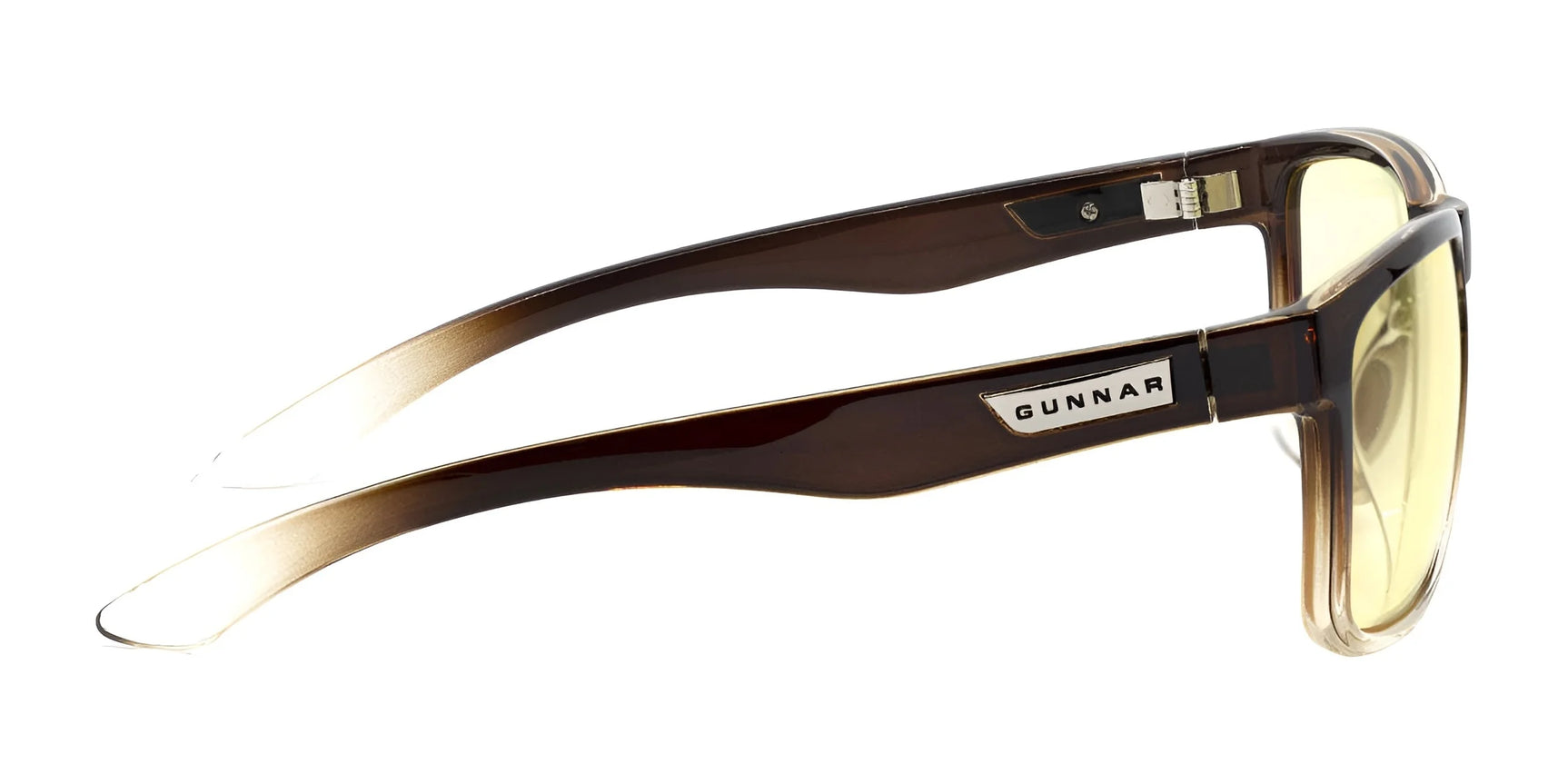 Side view of Gunnar Intercept Computer Glasses in brown-gradient, with yellow-tinted lenses and "GUNNAR" logo on the arm, offering Blue Light Protection for comfort and style. Size 58.