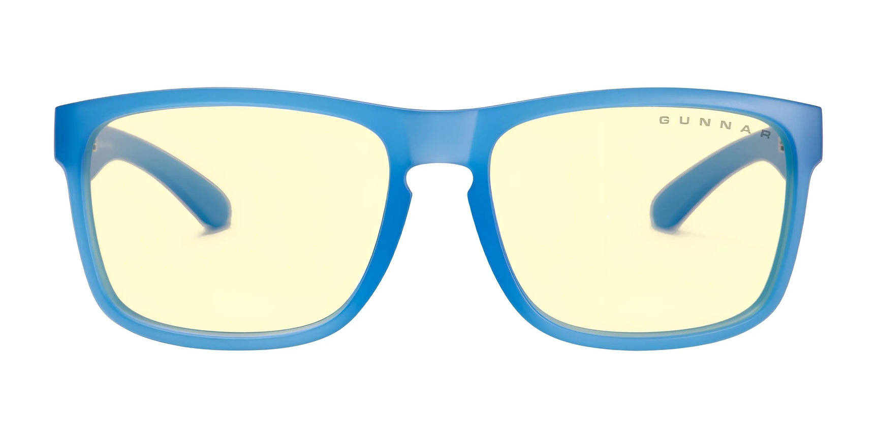 Gunnar Intercept Computer Glasses, Size 58, feature a blue frame and yellow-tinted lenses for optimal front view and enhanced blue light protection.