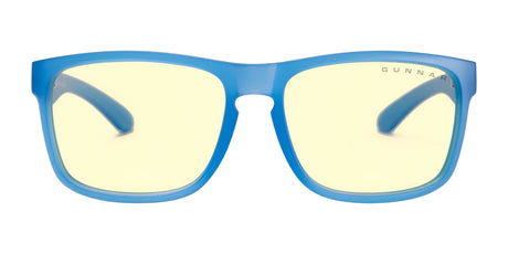 Gunnar Intercept Computer Glasses, Size 58, feature a blue frame and yellow-tinted lenses for optimal front view and enhanced blue light protection.