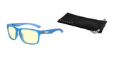 Gunnar Intercept Computer Glasses | Size 58 offer blue light protection with yellow lenses and include a sleek black carrying pouch, all showcased on a pristine white background.