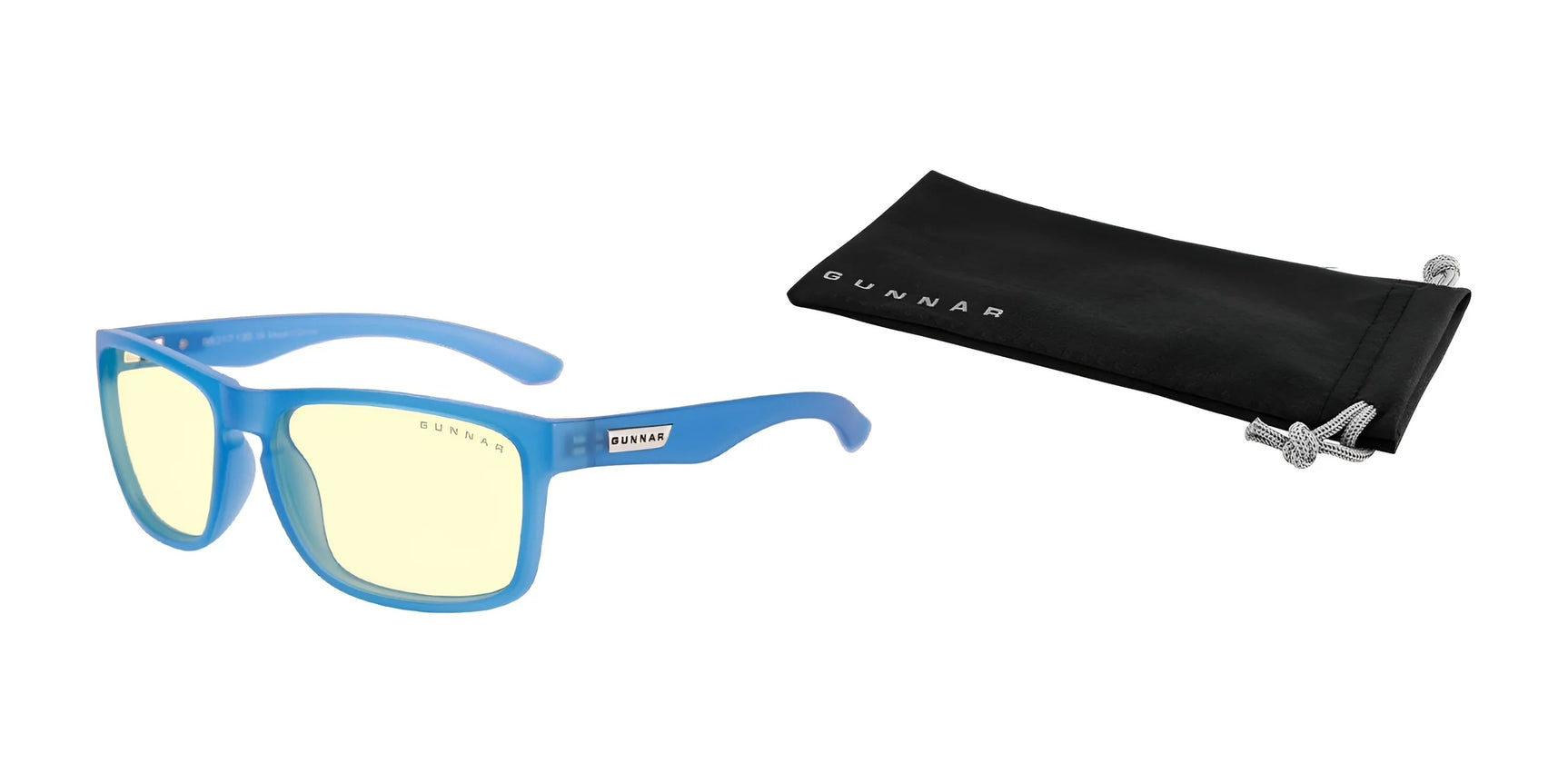 Gunnar Intercept Computer Glasses | Size 58 offer blue light protection with yellow lenses and include a sleek black carrying pouch, all showcased on a pristine white background.