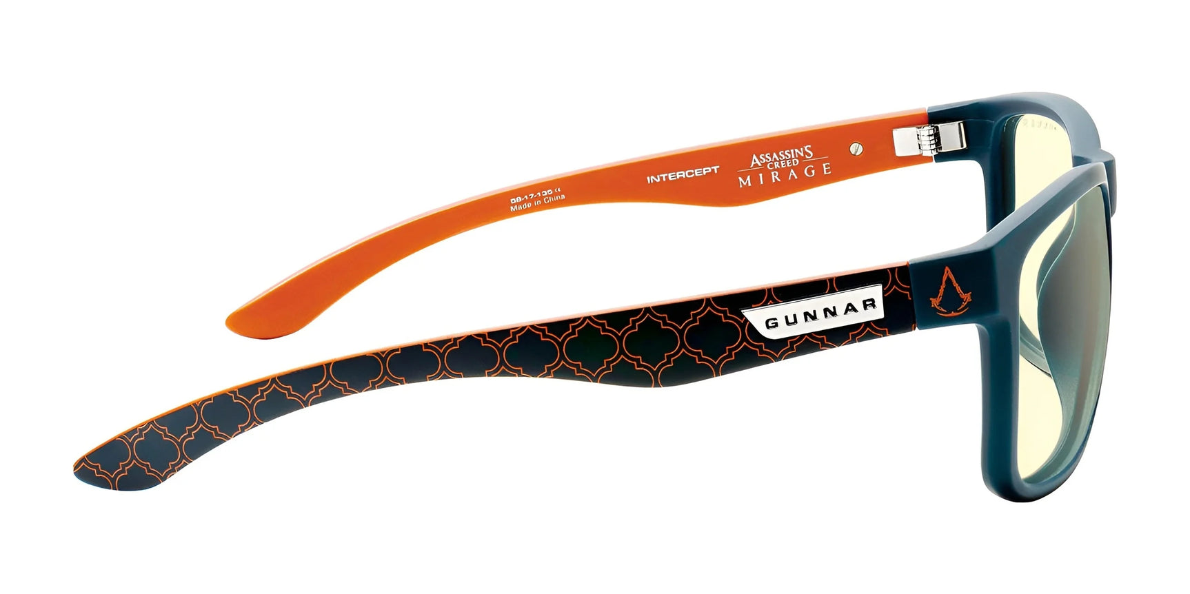 These black and orange Gunnar Intercept Assassin’s Creed Mirage Edition Computer Glasses, size 58, feature patterned arms with the "Gunnar" logo and provide blue light protection.