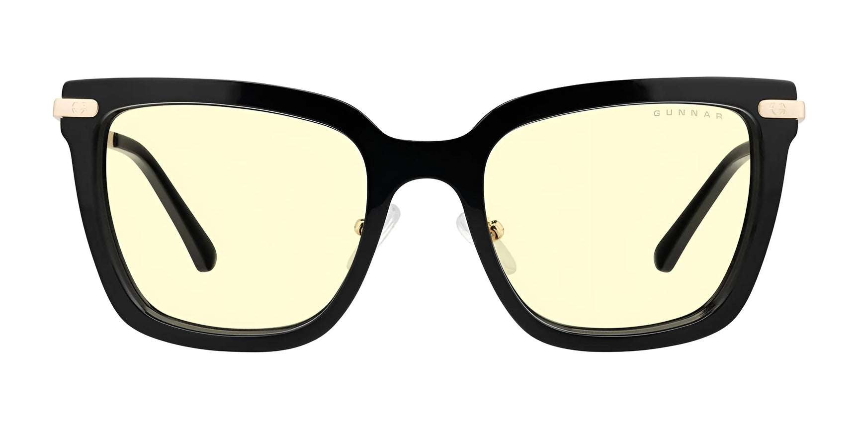 Front view of Gunnar Kaia Computer Glasses | Size 53: black square-frame with yellow-tinted lenses, featuring contemporary design and advanced GUNNAR lens technology.