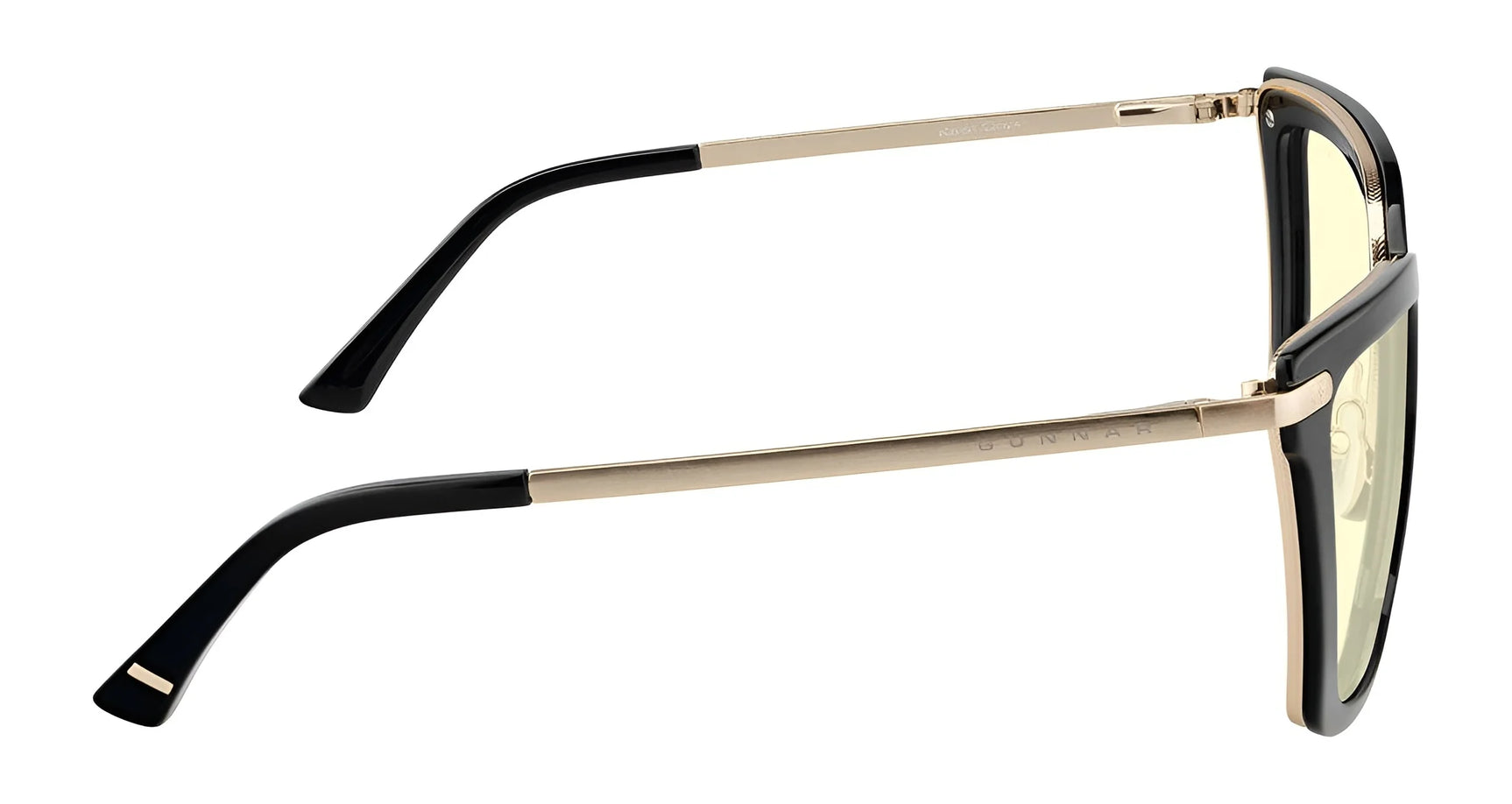 Side view of Gunnar Kaia Computer Glasses, a contemporary square style in black and gold, with rectangular frames. These glasses feature tinted lenses equipped with GUNNAR lens technology.