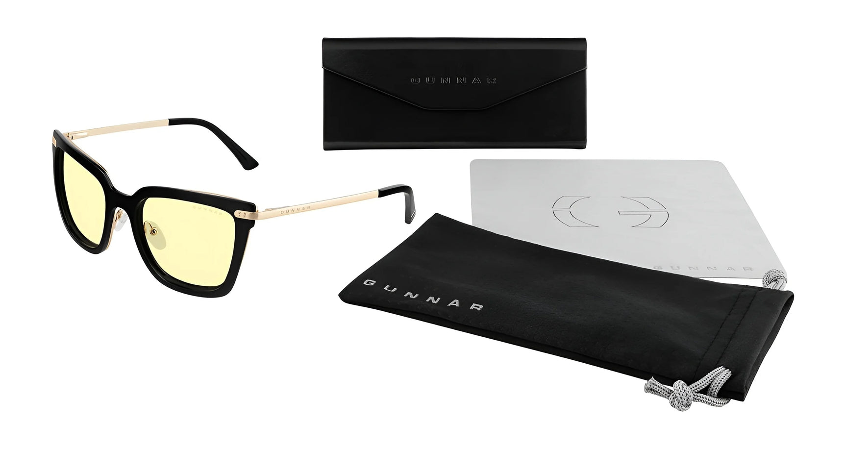 The Gunnar Kaia Computer Glasses, size 53, are black and gold square eyeglasses featuring yellow-tinted lenses with Gunnar's blue light blocking technology. They come with a branded black case, microfiber cloth, and soft pouch.