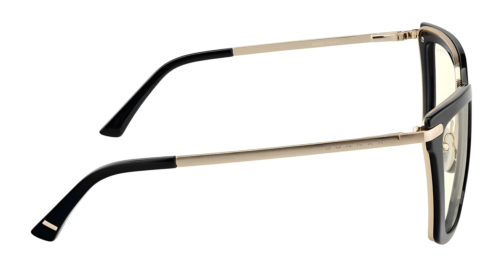 The Gunnar Kaia Computer Glasses by Gunnar, size 53, feature a side view of black and gold rectangular lenses with thin arms. These contemporary square frames include blue light blocking technology for comfortable extended screen time.