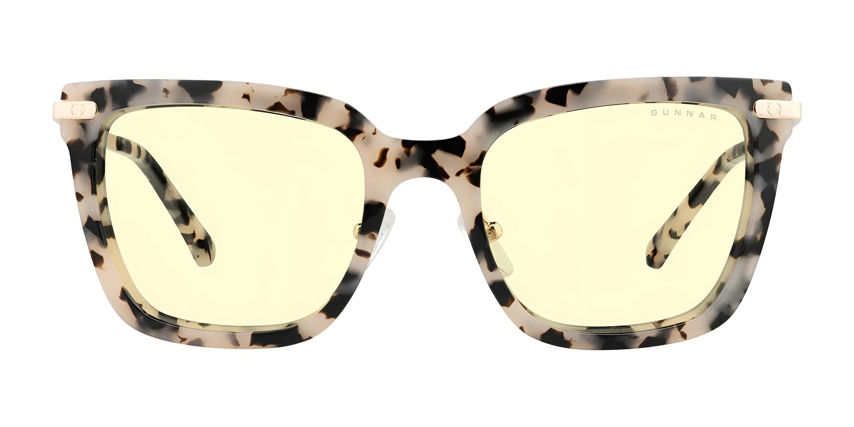 The Gunnar Kaia Computer Glasses, size 53, feature a square tortoiseshell frame with yellow lenses and "GUNNAR" text, combining modern style with innovative lens technology for blue light protection.