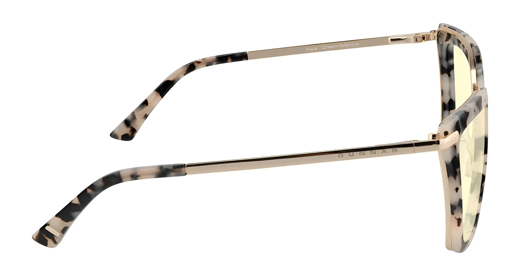 Side view of Gunnar Kaia Computer Glasses, size 53, with tortoiseshell print, thin gold temples, and yellow-tinted square lenses. These contemporary glasses feature GUNNAR lens technology for superior blue light blocking.