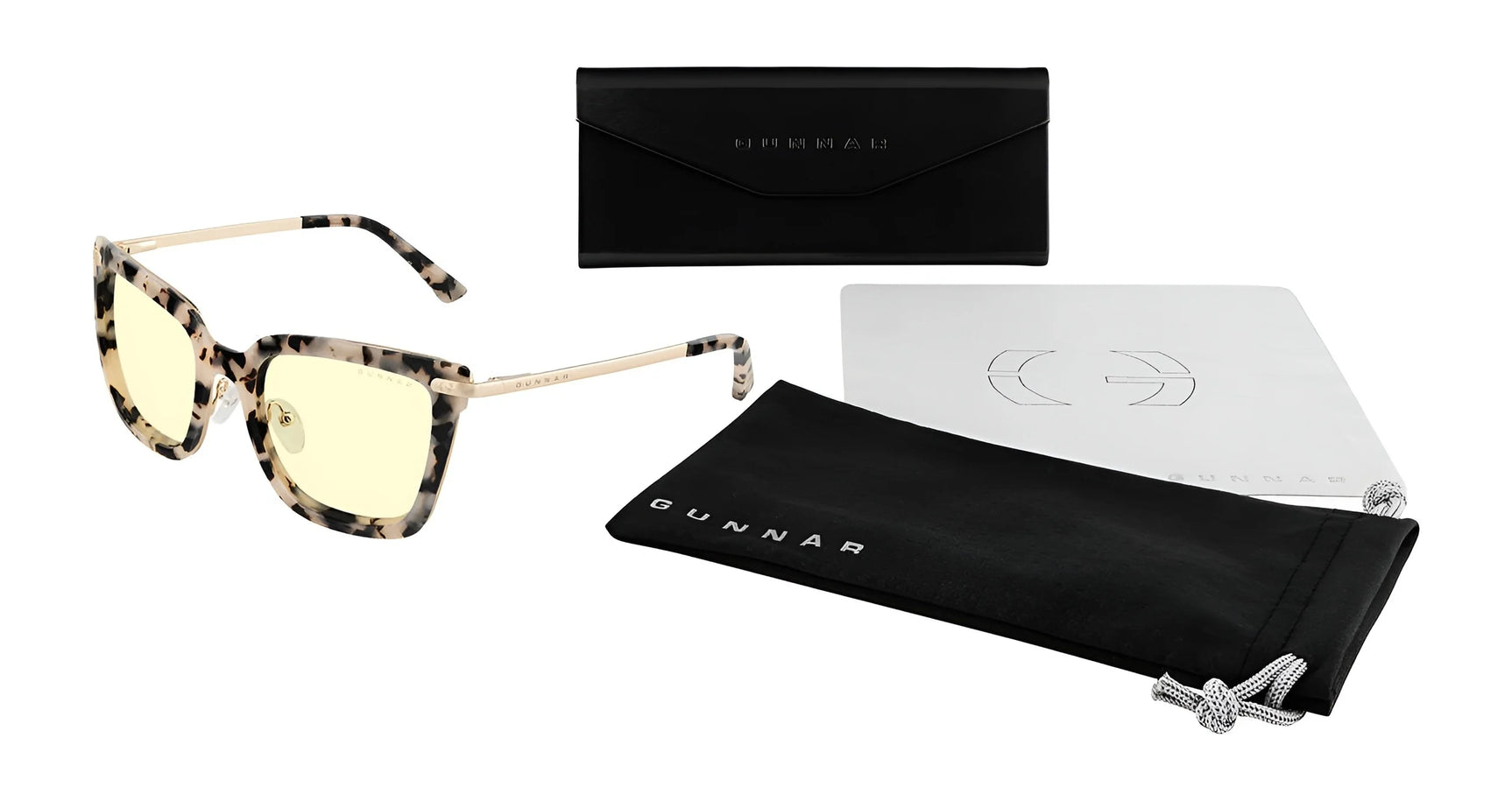Gunnar Kaia Computer Glasses | Size 53 are tortoiseshell glasses with GUNNAR lens technology, featuring yellow-tinted, blue light-blocking lenses. Includes a case, cleaning cloth, and black pouch with "GUNNAR" branding.