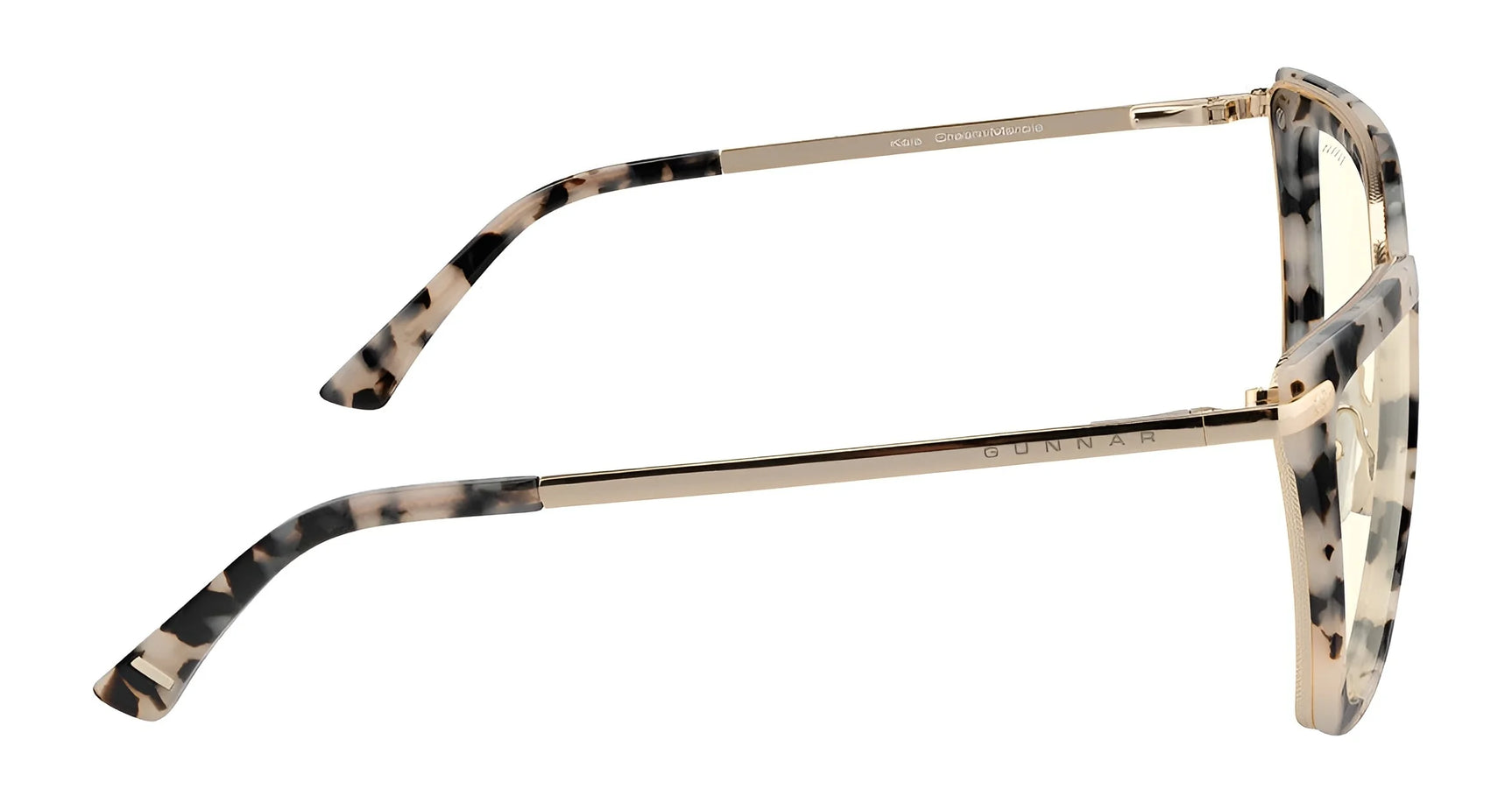 The Gunnar Kaia Computer Glasses, size 53, feature a contemporary square style with tortoise-shell frames and gold temples. They use GUNNAR lens technology for optimal blue light blocking and are viewed from the side.