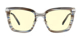 The Gunnar Kaia Computer Glasses, size 53, showcase a contemporary square style with transparent striped frames and yellow lenses. Featuring effective blue light blocking, they are perfect for modern screen users.