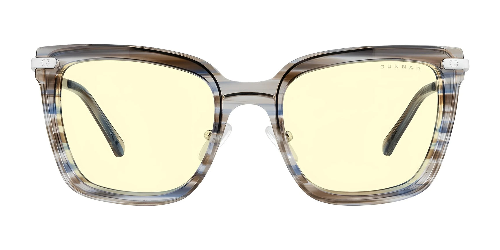 The Gunnar Kaia Computer Glasses, size 53, showcase a contemporary square style with transparent striped frames and yellow lenses. Featuring effective blue light blocking, they are perfect for modern screen users.